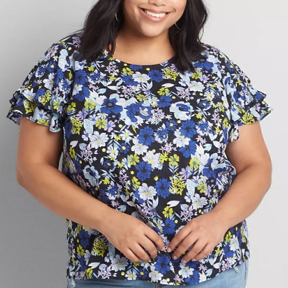 34W 36W Blue Floral Flutter Sleeve Blouse Vibrant